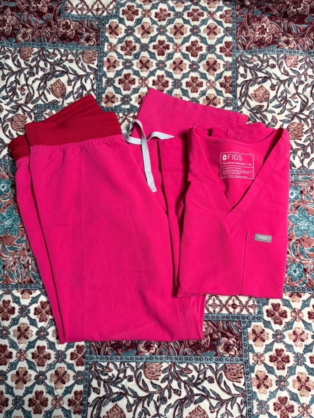 Figs Hot Pink V-Neck Scrub Top with Matching Drawstring Pants